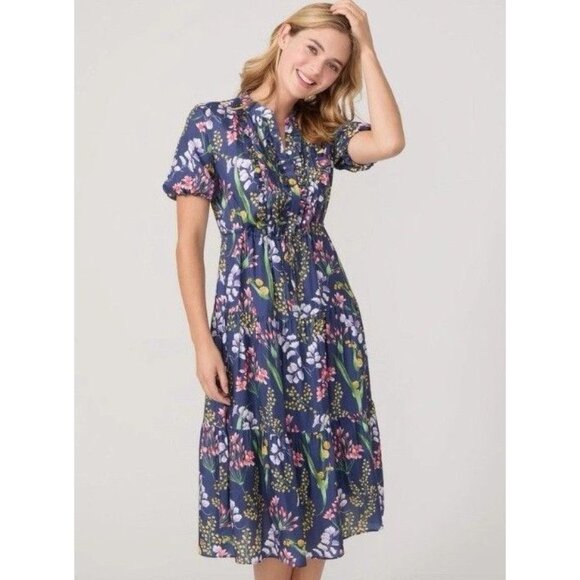 J. McLaughlin Harper Silk Puff Sleeve Tiered Dress Navy Multi Floral Print Large - Picture 1 of 15
